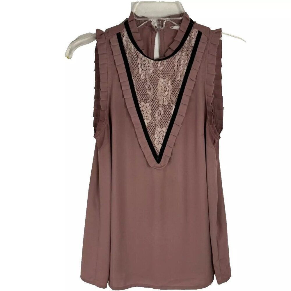 Moon Mauve Black Sleeveless Blouse Lace Insert Semi Sheer Women's Small GUC